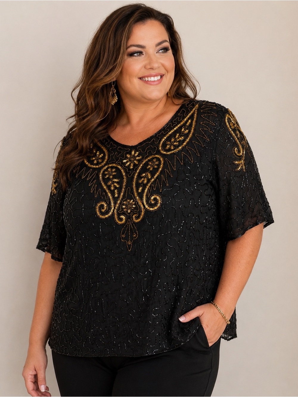 Vintage Jakelin Designs Black Silk Beaded Top Gold Embellished 2X India